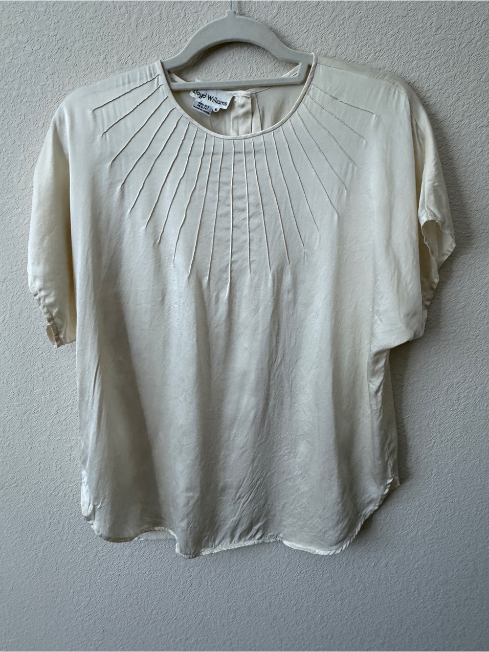 Cream 100% silk Pleated Yoke Short-Sleeve Top
